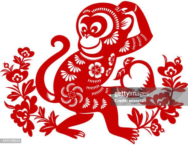 stockillustraties, clipart, cartoons en iconen met year of the monkey papercut art - monkey