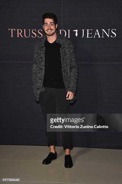 Luca Vezil attends a photocall for 'Trussardi Jeans Celebrates The New IT Bag' party on November 17, 2015 in Milan, Italy.