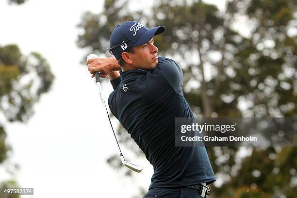 Adam Scott of Australia hits a tee shot during the Pro-Am ahead of the 2015 Australian Masters at Huntingdale Golf Course on November 18, 2015 in...