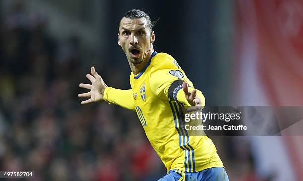 Zlatan Ibrahimovic of Sweden celebrates scoring his second goal during the UEFA EURO 2016 qualifier play-off second leg match between Denmark and...