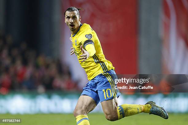 Zlatan Ibrahimovic of Sweden celebrates scoring his second goal during the UEFA EURO 2016 qualifier play-off second leg match between Denmark and...