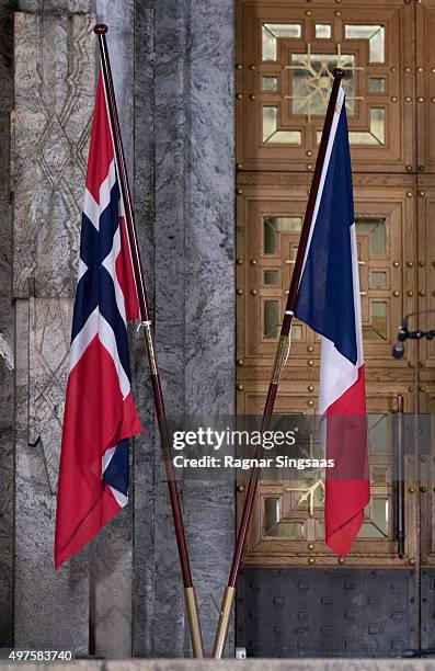 Norwegian and a French flag are seen during a Paris Memorial on November 17, 2015 in Oslo, Norway.