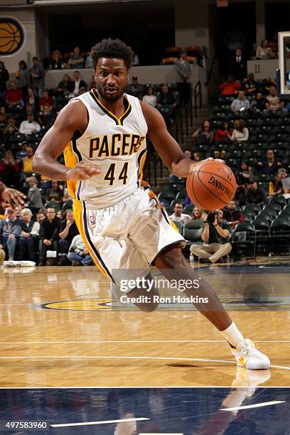 Solomon Hill of the Indiana Pacers handles the ball against the Utah Jazz on October 31, 2015 at Bankers Life Fieldhouse in Indianapolis, Indiana....