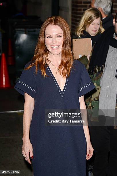 Actress Julianne Moore enters the "The Late Show With Stephen Colbert" taping at the Ed Sullivan Theater on November 17, 2015 in New York City.