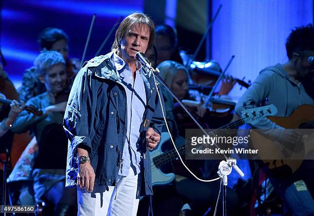 Singer Roberto Carlos performs onstage during rehearsals for the 16th Latin GRAMMY Awards at the MGM Grand Garden Arena on November 17, 2015 in Las...