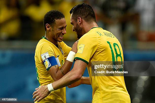 Neymar and Renato Augusto of Brazil celebrate a scored goal during a match between Brazil and Peru as part of 2018 FIFA World Cup Russia Qualifiers...
