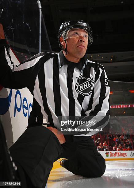 Linesman Jay Sharrers prepares for the game between the Philadelphia Flyers and he Los Angeles Kings at the Wells Fargo Center on November 17, 2015...