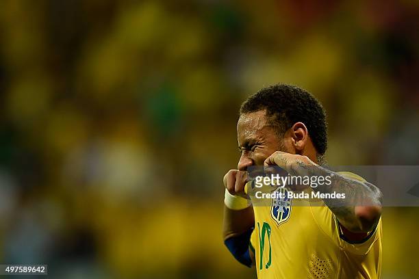 Neymar of Brazil reacts during a match between Brazil and Peru as part of 2018 FIFA World Cup Russia Qualifiers at Arena Fonte Nova on November 17,...