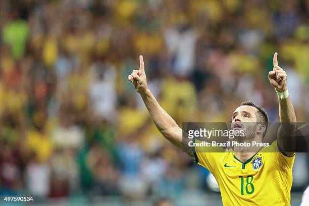 Renato Augusto of Brazil celebrates after scoring the second goal of his team during a match between Brazil and Peru as part of FIFA 2018 World Cup...
