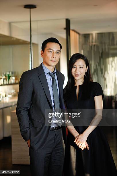 Actor Daniel Wu and actress Zhang Jingchu pose during the media visit of director Ringo Lam's film "Battle of Life" on November 17, 2015 in Hong...