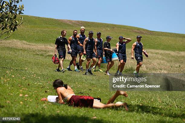 Waratahs players arrive at a Waratahs hill sprints training session during a Waratahs Super Rugby pre-season training session at Moore Park on...