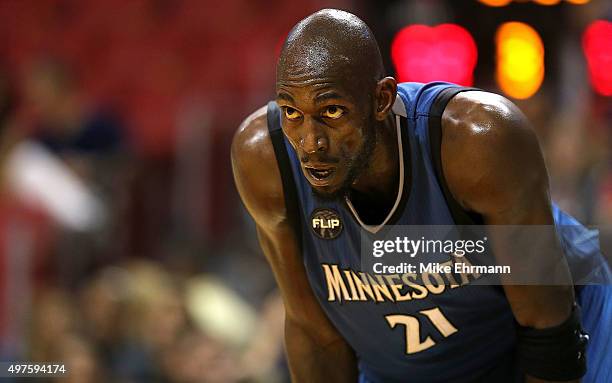Kevin Garnett of the Minnesota Timberwolves looks on during a game against the Miami Heat at American Airlines Arena on November 17, 2015 in Miami,...