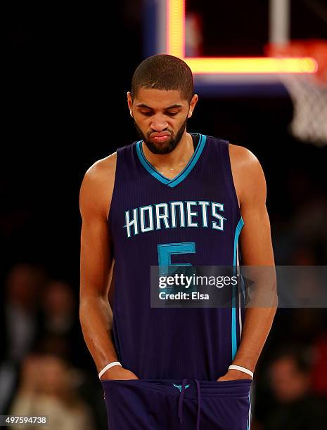 Nicolas Batum of the Charlotte Hornets reacts to the loss to the New York Knicks at Madison Square Garden on November 17, 2015 in New York City.NOTE...