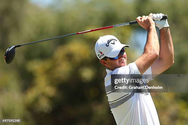 Former Australian cricketer Ricky Ponting hits a tee shot during the Pro-Am ahead of the 2015 Australian Masters at Huntingdale Golf Course on...