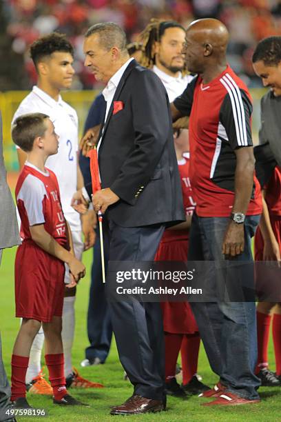 President of Trinidad and Tobago Anthony Carmona and Prime Minister Dr. Keith Rowley meet memebers of the US national team during a World Cup...