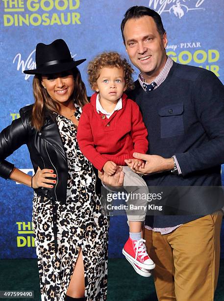 Actress Tamera Mowry, son Aden John Tanner Housley and husband Adam Housley attend the premiere of Disney-Pixar's 'The Good Dinosaur' at the El...