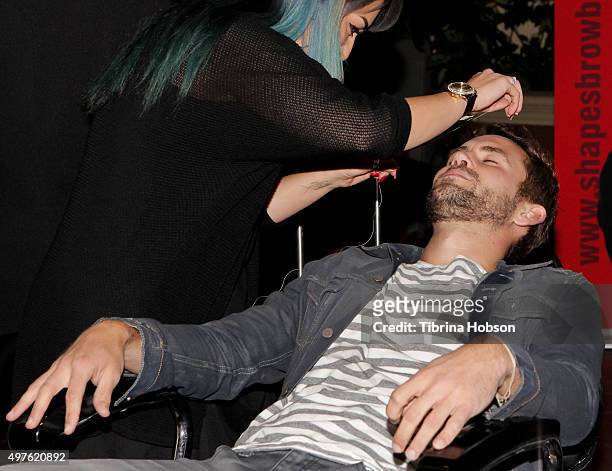 Nick Viall gets his eyebrows threaded at Ryan Seacrest Purse Party at Four Seasons Hotel Los Angeles at Beverly Hills on November 17, 2015 in Los...