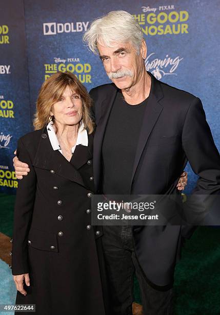 Actors Katharine Ross and Sam Elliott attend the World Premiere Of Disney-Pixar's THE GOOD DINOSAUR at the El Capitan Theatre on November 17, 2015 in...