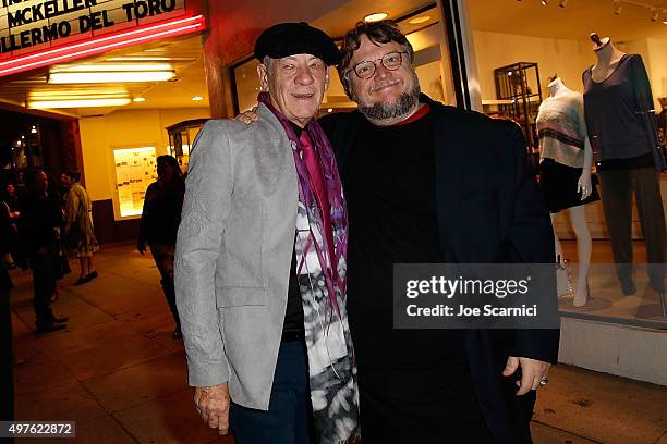 Ian McKellen and Guillermo del Toro attend the screening and discussion for Roadside Attractions' "Mr. Holmes" at Aero Theatre on November 17, 2015...