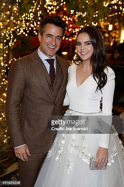 Dermot Mulroney and Bailee Madison pose for a photo prior to the World Premiere Screening of "Northpole: Open for Christmas" at The Grove on November...