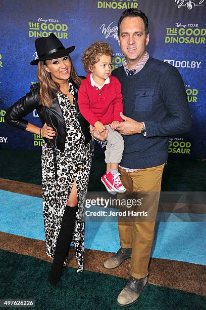 Tamera Mowry, Aden John Tanner Housley and Adam Housley arrive at the Premiere of Disney-Pixar's 'The Good Dinosaur' on November 17, 2015 in...