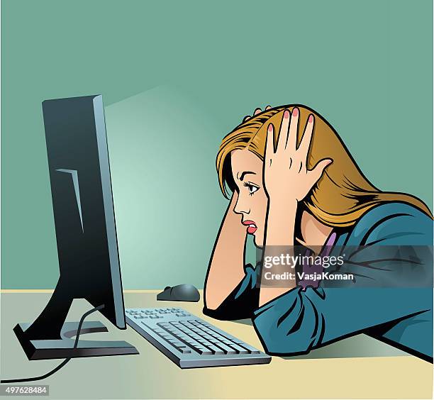 bildbanksillustrationer, clip art samt tecknat material och ikoner med woman screaming at computer - business - skrika