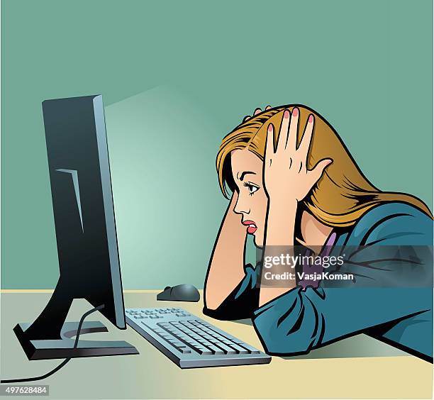 woman screaming at computer - business - angry woman vintage stock illustrations