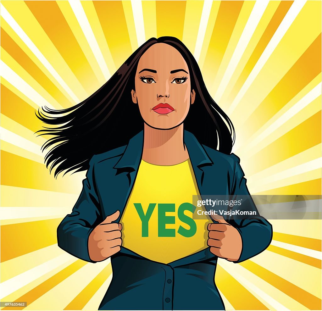 Female Superhero Tearing Off Shirt With Yes Sign