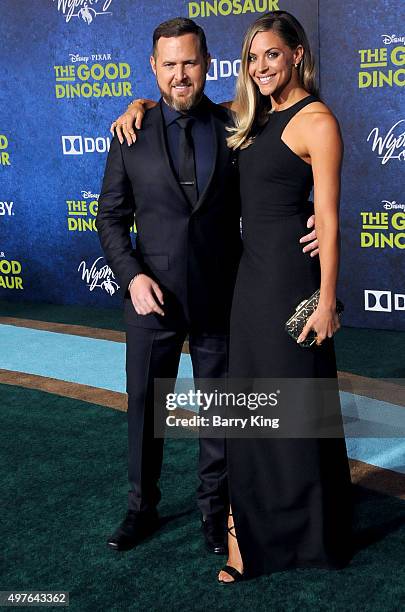 Actor AJ Buckley and Abigail Ochse attend the Premiere of Disney-Pixar's 'The Good Dinosaur' at the El Capitan Theatre on November 17, 2015 in...