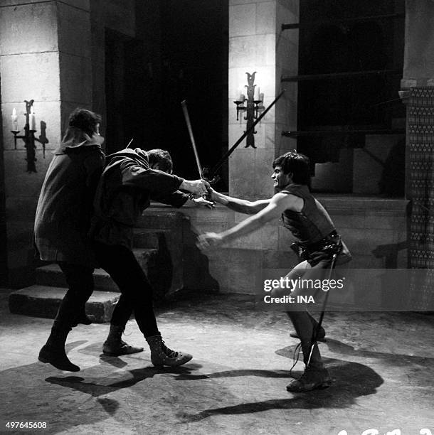 Jean Claude Drouot fighting in the sword on the shooting of an episode of the fourth series of the serial "Thierry La Fronde"