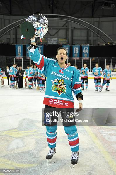 Adam Keefe, Captain of the Belfast Giants ice hockey team celebrates