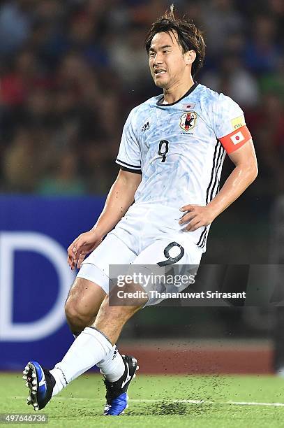 Shinji Okazaki of Japan looks on during the 2018 FIFA World Cup Qualifier match between Cambodia and Japan on November 17, 2015 in Phnom Penh,...