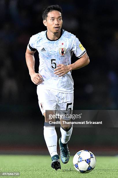 Yuto Nagatomo of Japan runs with the ball during the 2018 FIFA World Cup Qualifier match between Cambodia and Japan on November 17, 2015 in Phnom...