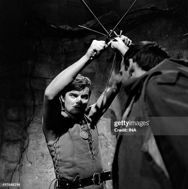 Jean Claude Drouot fighting in the sword on the shooting of an episode of the fourth series of the serial "Thierry La Fronde"