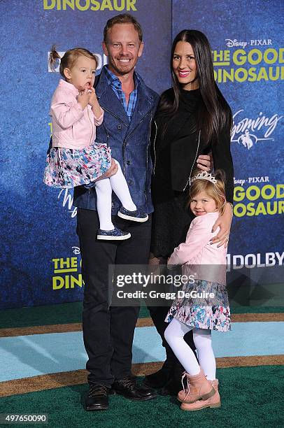 Actor Ian Ziering, wife Erin Kristine Ludwig, daughter's Mia Loren Ziering and Penna Mae Ziering arrive at the premiere of Disney-Pixar's "The Good...