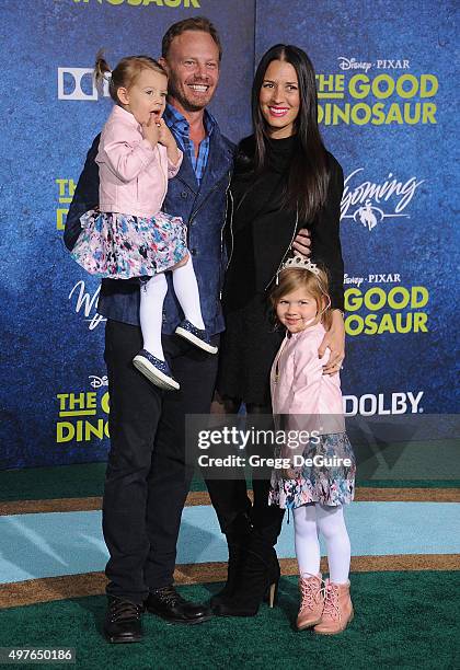 Actor Ian Ziering, wife Erin Kristine Ludwig, daughter's Mia Loren Ziering and Penna Mae Ziering arrive at the premiere of Disney-Pixar's "The Good...