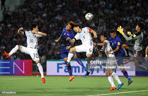 Shinji Okazaki of Japan tries to heads the ball resulting in the own goal by Khuon Laboravy of Cambodia during the 2018 FIFA World Cup Qualifier...