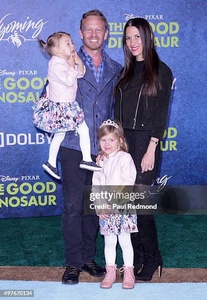 Actor Ian Ziering, wife Erin Kristine Ludwig, daughter's Mia Loren Ziering and Penna Mae Ziering arrive at the Premiere of Disney-Pixar's "The Good...