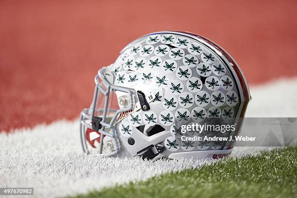 Closeup of Ohio State helmet on field before game vs Minnesota at Ohio Stadium. Equipment. Columbus, OH 11/7/2015 CREDIT: Andrew J. Weber