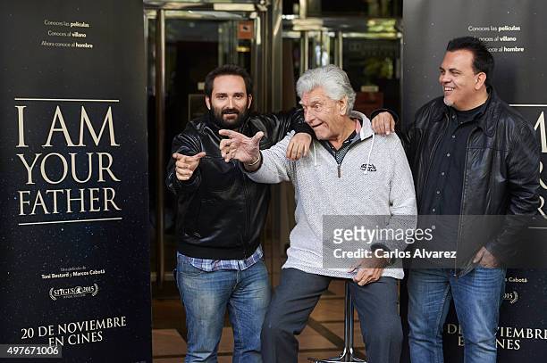 Director Marcos Cabota , actor David Prowse and director Toni Bestard attend the "I Am Your Father'" photocall at the Verdi cinema on November 18,...