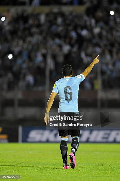 Alvaro Pereira of Uruguay celebrates after scoring the second goal of his team during a match between Uruguay and Chile as part of FIFA 2018 World...