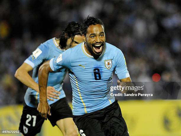 Alvaro Pereira of Uruguay celebrates after scoring the secong goal of his team during a match between Uruguay and Chile as part of FIFA 2018 World...