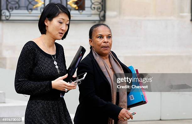 Fleur Pellerin, French Culture Minister and Christiane Taubira, Keeper of the Seals, Minister of Justice leave after a meeting at the Elysee...