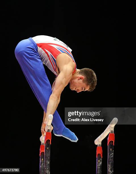 Max Whitlock of Great Britain competes in the Parallel Bars during day eight of the 2015 World Artistic Gymnastics Championships at The SSE Hydro on...