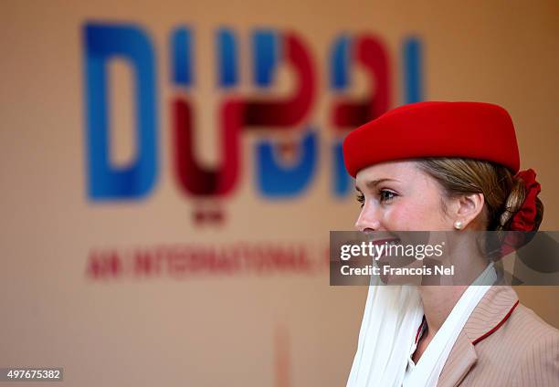 Emirates Airline cabin crew is pictured during day one of Host Cities Summit at the Fairmont Hotel on November 18, 2015 in Dubai, United Arab...