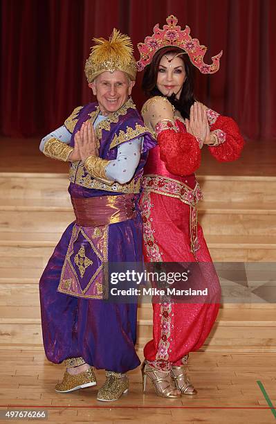 Wayne Sleep and Priscilla Presley attend a photocall for "Aladdin" at Milton Keynes Theatre on November 18, 2015 in Milton Keynes, England.