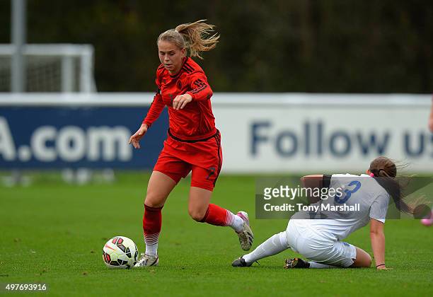 Klara Buhl of Germany gets past Katherine Turner of England during Women's U16s International Friendly match between England U16s Women and Germany...