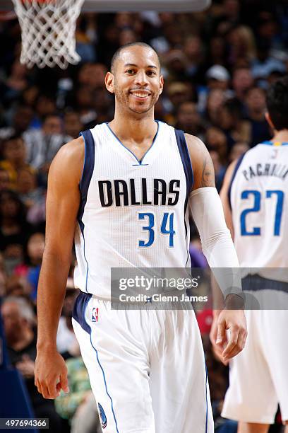 Devin Harris of the Dallas Mavericks smiles during the game against the Los Angeles Lakers on November 13, 2015 at the American Airlines Center in...