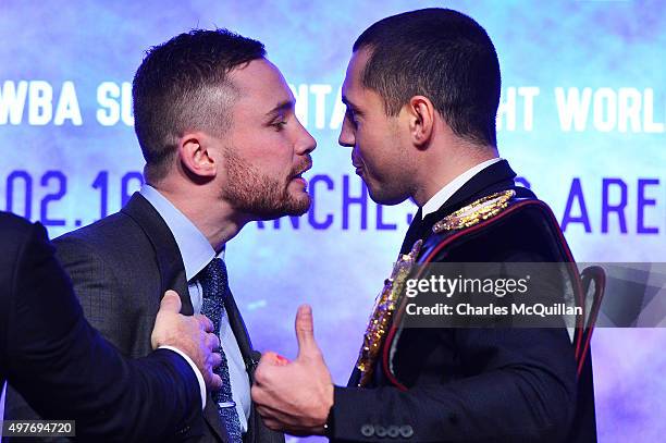 Carl Frampton and Scott Quigg exchange heated words during the WBA and IBF super-bantamweight world title unification pre-fight press conference at...