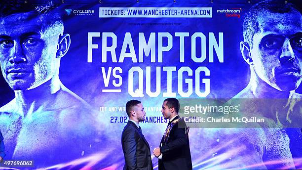 Carl Frampton and Scott Quigg exchange heated words during the WBA and IBF super-bantamweight world title unification pre-fight press conference at...